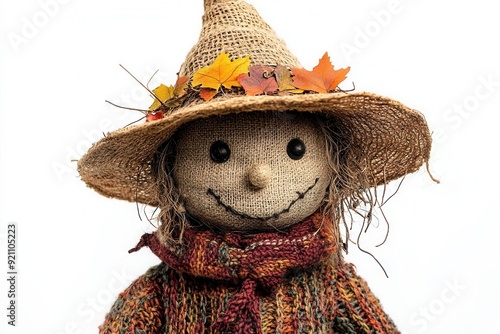 A cheerful scarecrow doll adorned with autumn leaves, perfect for fall decorations and seasonal themes. photo