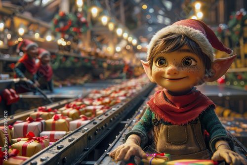Energetic elves work diligently on conveyor belts in factory of Santa, crafting and packing festive gifts. Christmas and winter holiday concept