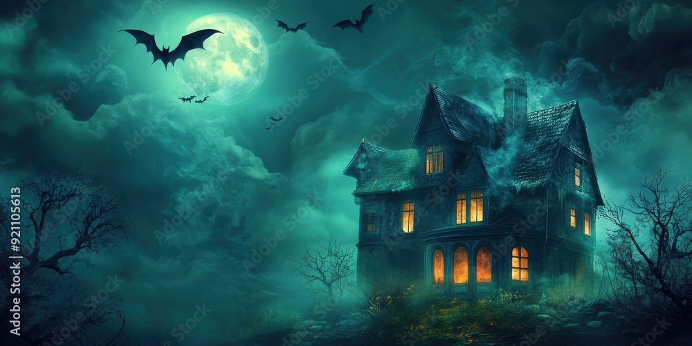 Halloween night with a spooky house and bats Halloween night with a spooky house and bats