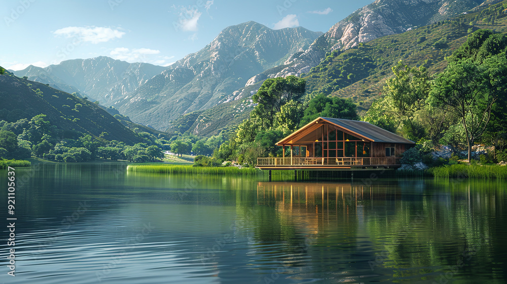 minimalist eco-lodge nestled in lush green mountains. A single wooden cabin overlooks a crystal-clear lake, highlighting the harmony between natural beauty and sustainable living minimalist eco-lodge nestled in lush green mountains. A single wooden cabin overlooks a crystal-clear lake, highlighting the harmony between natural beauty and sustainable living