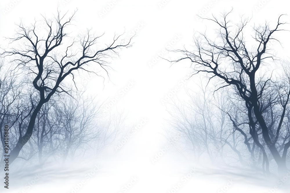 Mysterious fog envelops a forest of eerie, leafless trees, creating an atmosphere of intrigue and solitude in the waning light. Mysterious fog envelops a forest of eerie, leafless trees, creating an atmosphere of intrigue and solitude in the waning light.