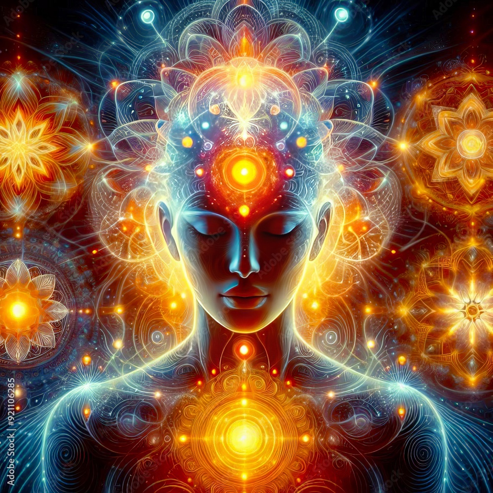 Fototapeta premium A woman with a face surrounded by colorful and abstract shapes