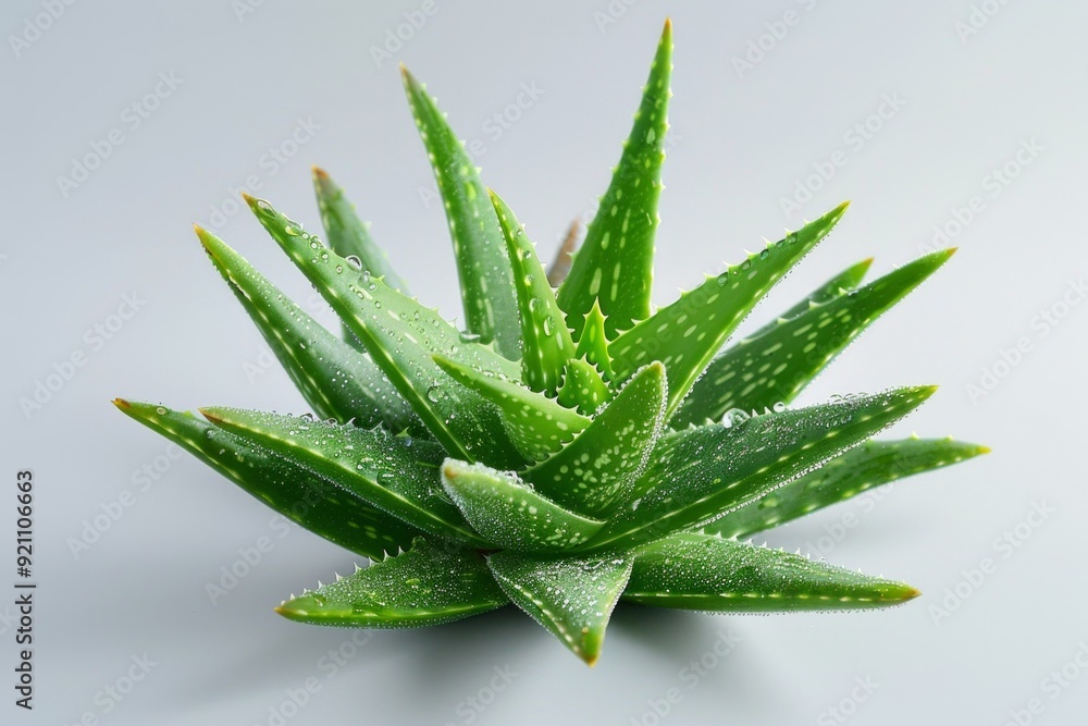 A complete aloe vera plant with 3-5 large leaves with fresh water droplets A complete aloe vera plant with 3-5 large leaves with fresh water droplets