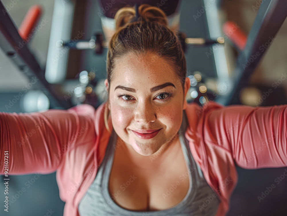 Cheerful Chubby Woman Exercising in Gym with Fitness Equipment in Close-up Shot Cheerful Chubby Woman Exercising in Gym with Fitness Equipment in Close-up Shot