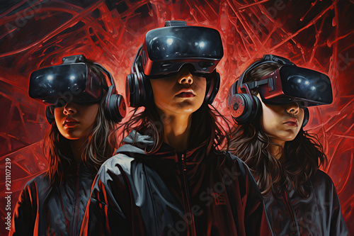 Three person wearing VR headsets enjoying a virtual reality world experience. Generative AI