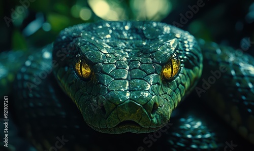 Close-up of Green Snake with Vibrant Yellow Eyes in Natural Habitat