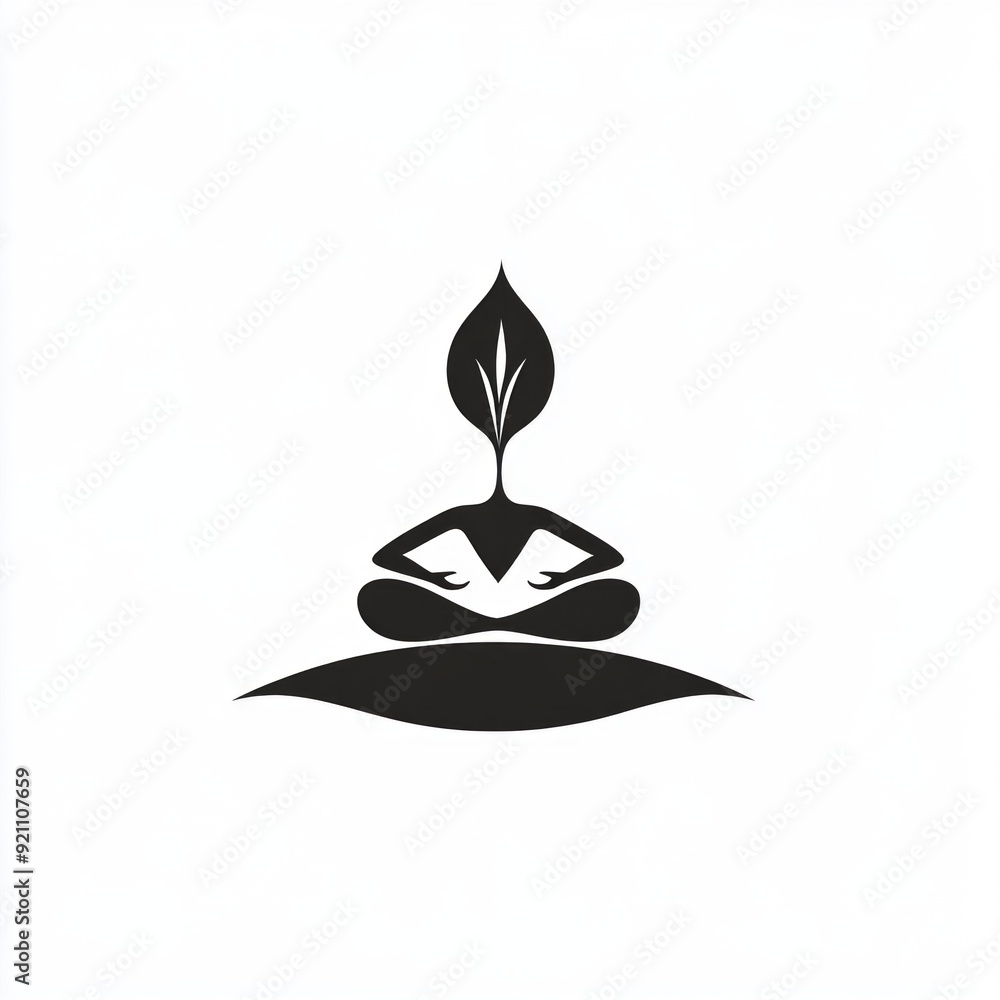 Fototapeta premium A minimalist logo in the form of a sprout yoga pose that has just emerged from the soil, the background is white.