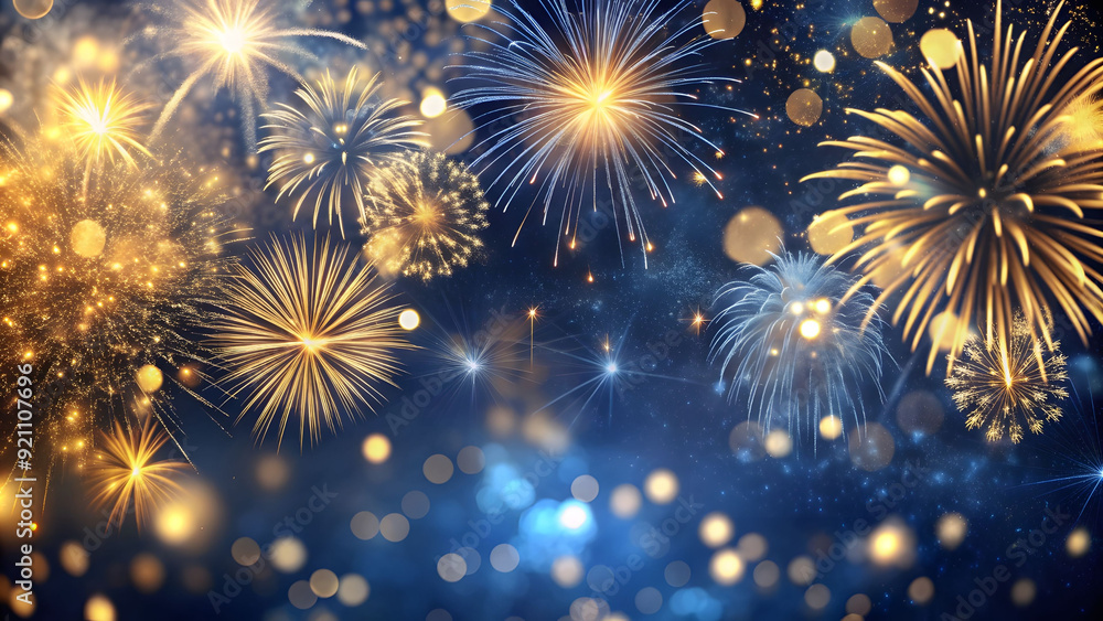 Gold and dark blue Fireworks and bokeh on New Year's Eve. Abstract background holiday. Gold fireworks Abstract background new year. Background with fireworks and bokeh lights, golden tone Gold and dark blue Fireworks and bokeh on New Year's Eve. Abstract background holiday. Gold fireworks Abstract background new year. Background with fireworks and bokeh lights, golden tone