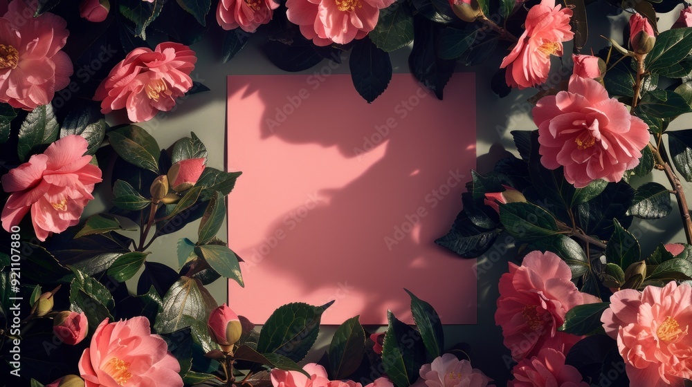 Pink sheet of paper centered on the screen surrounded by pink camelias Pink sheet of paper centered on the screen surrounded by pink camelias