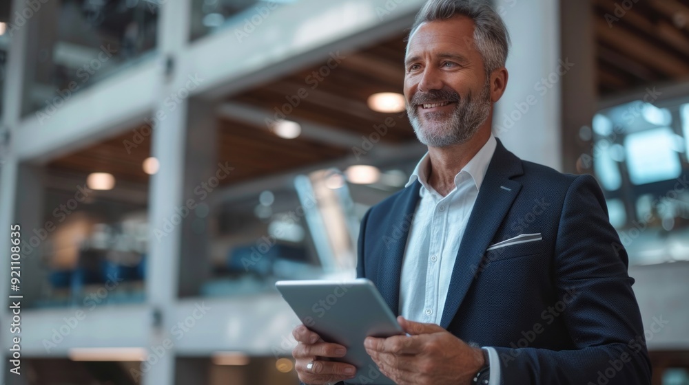 A man in a suit holding a tablet in his hand A man in a suit holding a tablet in his hand