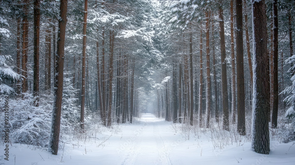 Fototapeta premium Path through snow-dusted pine forest, winter serenity and calm