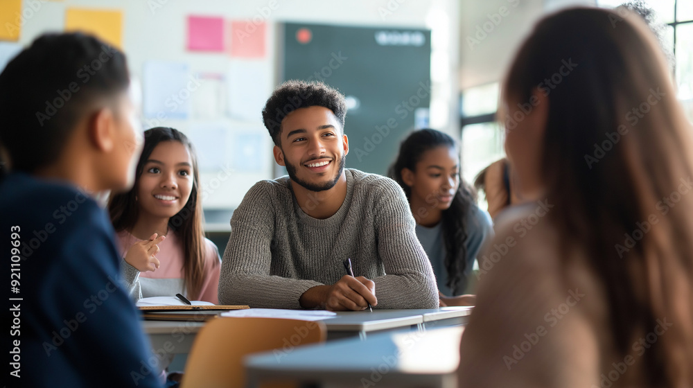 Fototapeta premium Group of Teenagers Engaged in Classroom Discussion During Lesson