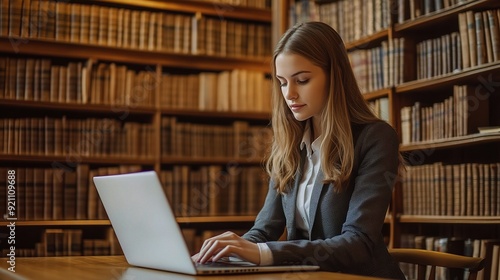 Knowledge Seeker in the Stacks: A young professional woman, immersed in the quietude of a grand library, diligently works on her laptop, surrounded by the timeless wisdom of countless books. 