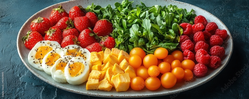 Balanced diet plate, various food groups arranged, flat design illustration Balanced diet plate, various food groups arranged, flat design illustration