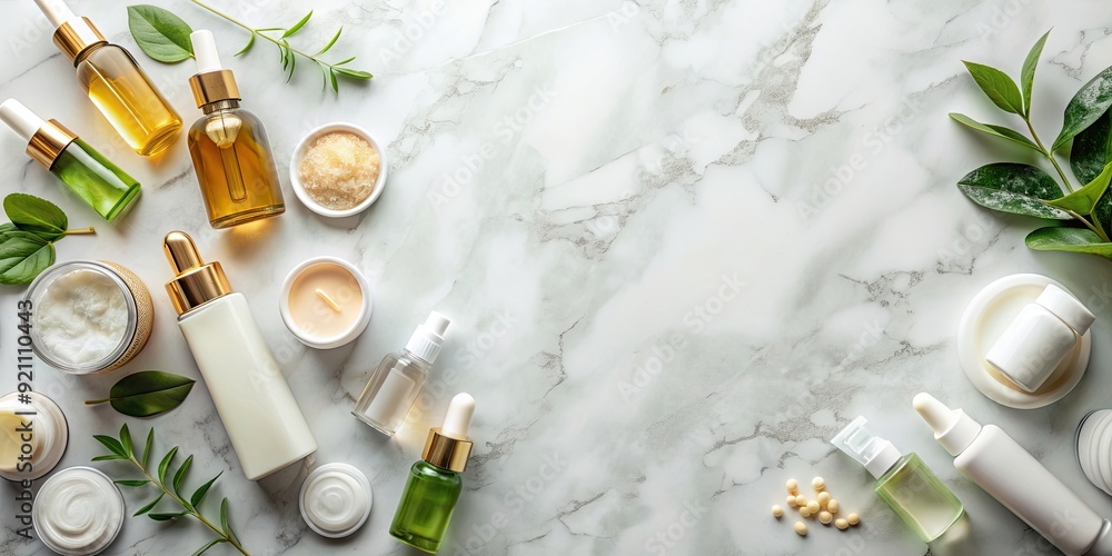Flatlay of skincare products on marble countertop with morning light , skincare, flatlay, marble, countertop Flatlay of skincare products on marble countertop with morning light , skincare, flatlay, marble, countertop