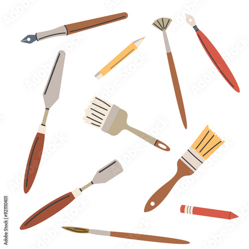 Paintbrushes set. Different paint brushes types. Set of hand drawn tools. Vector illustration in a flat style.