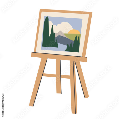 Painting on easel.  An easel with a landscape painting. Painters equipment, drawing stationery. Flat graphic vector illustrations isolated on white background