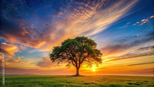 Sunset glow behind a lone tree in a tranquil landscape, sunset, glow, lone tree, nature, silhouette, peaceful, evening