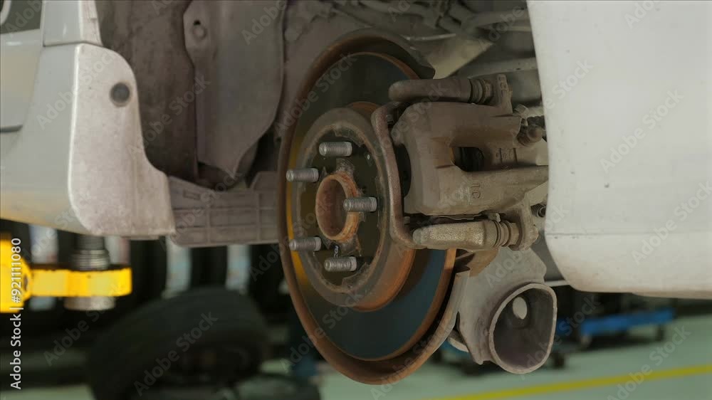 Close-up view of car brake disc and caliper during vehicle maintenance in auto repair shop, precision mechanics and automotive care. Close-up view of car brake disc and caliper during vehicle maintenance in auto repair shop, precision mechanics and automotive care.