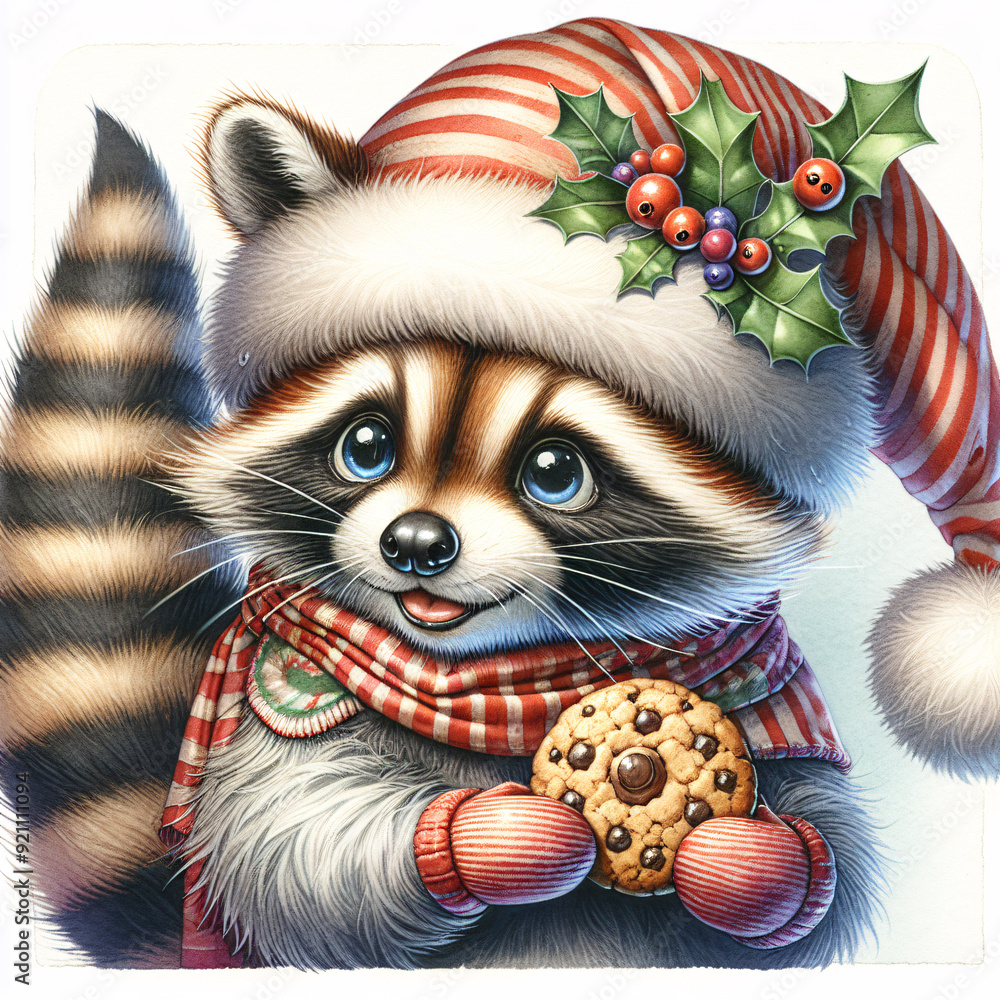 Charming illustration of a cute raccoon wearing a Santa hat and scarf, holding a Christmas cookie, decorated with holly, creating a warm and festive holiday scene.
Charming illustration of a cute raccoon wearing a Santa hat and scarf, holding a Christmas cookie, decorated with holly, creating a warm and festive holiday scene.