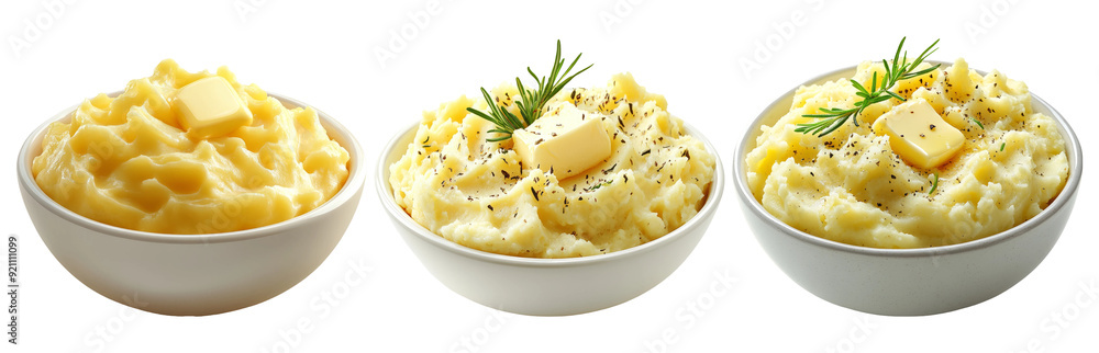 Mashed potatoes set in bowls isolated on transparent background Mashed potatoes set in bowls isolated on transparent background
