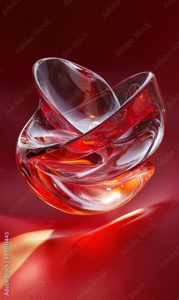 Abstract Glass Sculpture with Red and Transparent Swirls on Red Background Abstract Glass Sculpture with Red and Transparent Swirls on Red Background
