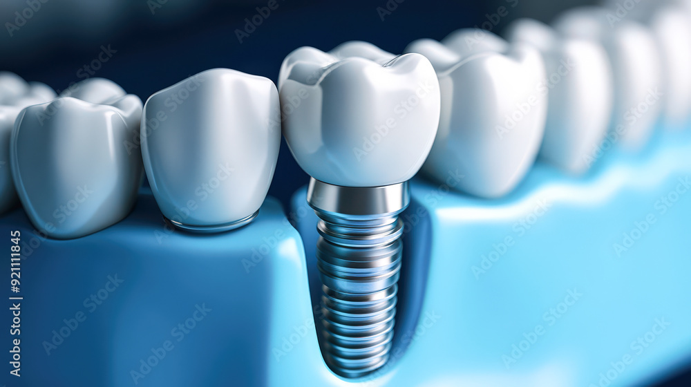 Close-up of a dental implant, showcasing the titanium screw and crown, nestled amongst healthy teeth. Close-up of a dental implant, showcasing the titanium screw and crown, nestled amongst healthy teeth.