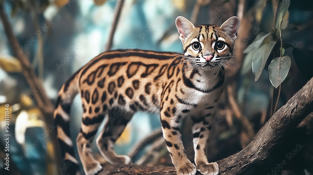 A majestic ocelot stands gracefully on a tree branch, showcasing its stunning coat and vibrant surroundings. A majestic ocelot stands gracefully on a tree branch, showcasing its stunning coat and vibrant surroundings.
