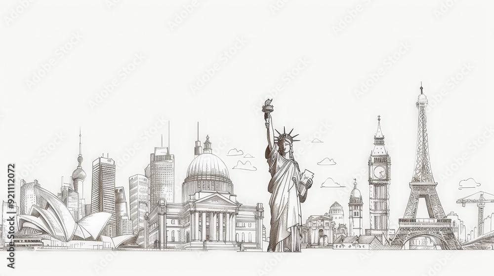 Fototapeta premium line drawing of famous world landmarks