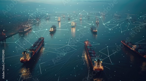 Fototapeta Naklejka Na Ścianę i Meble -  Aerial view of cargo ships navigating a complex network of global trade routes with digital lines connecting major ports, [cargo industry], [global trade network visualization]