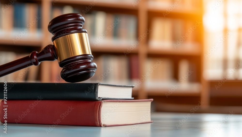 Gavel and law books on table with sunlight streaming through the window Gavel and law books on table with sunlight streaming through the window