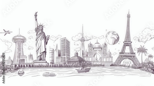 line drawing of famous world landmarks