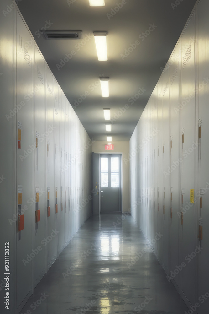 Corridor in a school with lockers and entrances to classrooms Corridor in a school with lockers and entrances to classrooms
