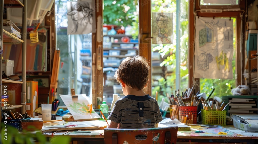 Boy setting up his workspace, child, routine, development Boy setting up his workspace, child, routine, development