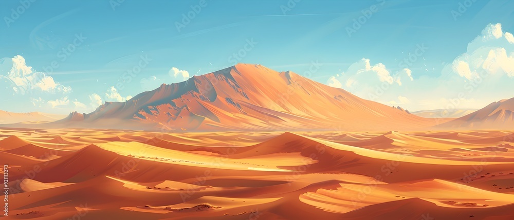Naklejka premium the rolling sand dunes of a desert during golden hour, with long shadows and warm hues. desert dunes at golden hour
