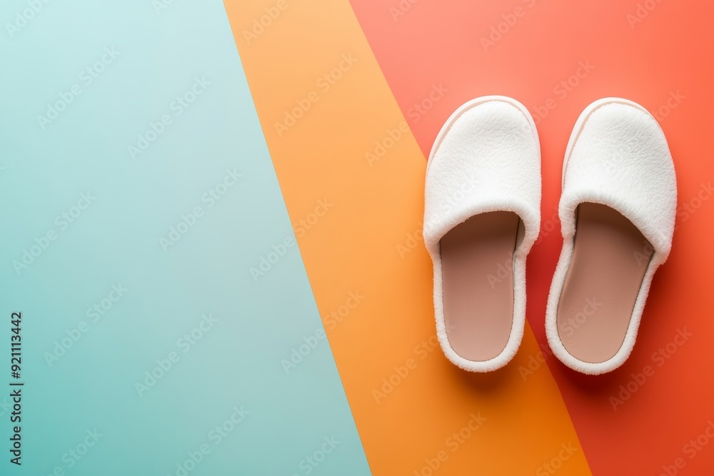 Stylish slippers on a colored background, shown from above Stylish slippers on a colored background, shown from above
