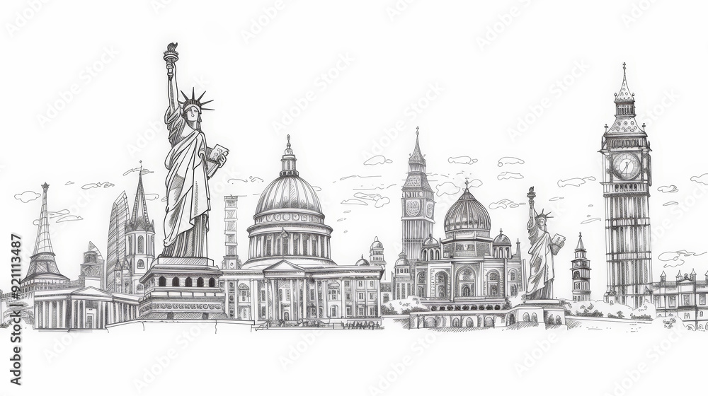 Obraz premium line drawing of famous world landmarks