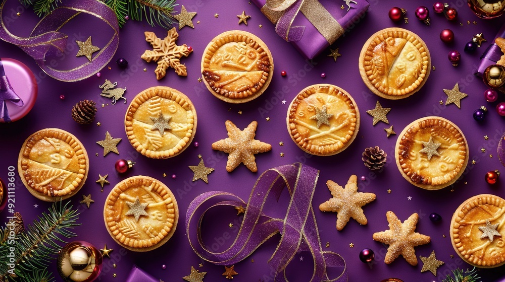 A table topped with several pies covered in icing, adorned with purple ribbons and Christmas decorations A table topped with several pies covered in icing, adorned with purple ribbons and Christmas decorations