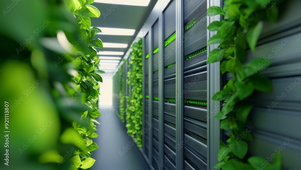 Surrealistic green data center with vertical gardens and eco-friendly technology Surrealistic green data center with vertical gardens and eco-friendly technology