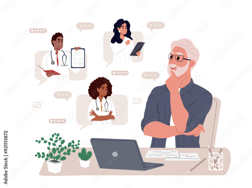 Elderly patient having online consultations with medical specialists. Online medical services. Medical insurance, hospital services, sick leave certificate treatment diagnosis patients. Elderly patient having online consultations with medical specialists. Online medical services. Medical insurance, hospital services, sick leave certificate treatment diagnosis patients.