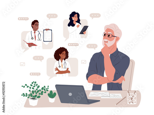 Elderly patient having online consultations with medical specialists. Online medical services. Medical insurance, hospital services, sick leave certificate treatment diagnosis patients.