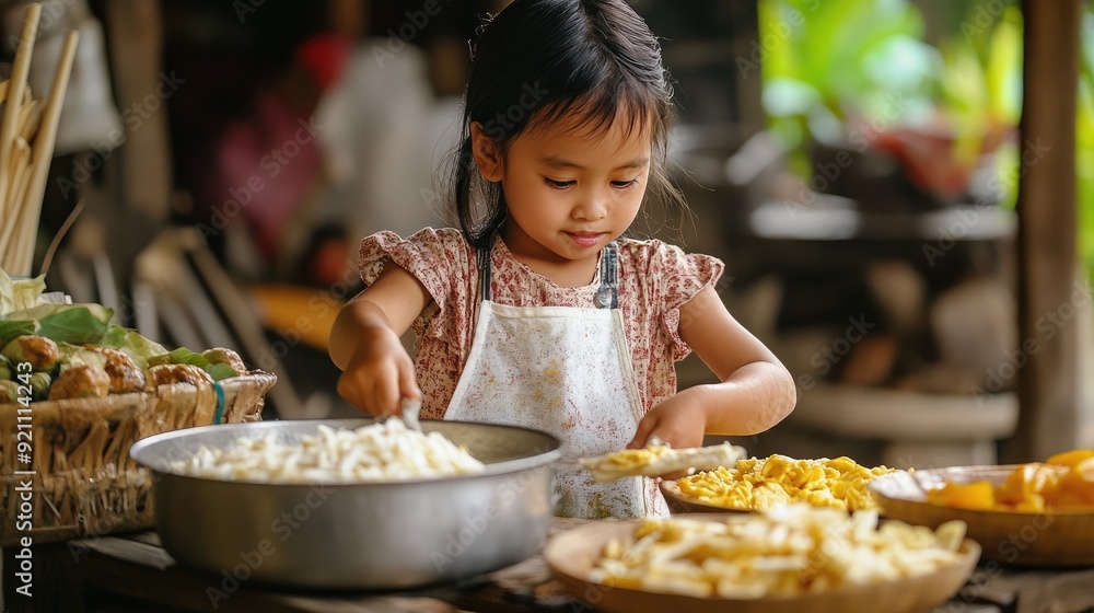 Young girl helping to prepare snacks, child, home, participation Young girl helping to prepare snacks, child, home, participation