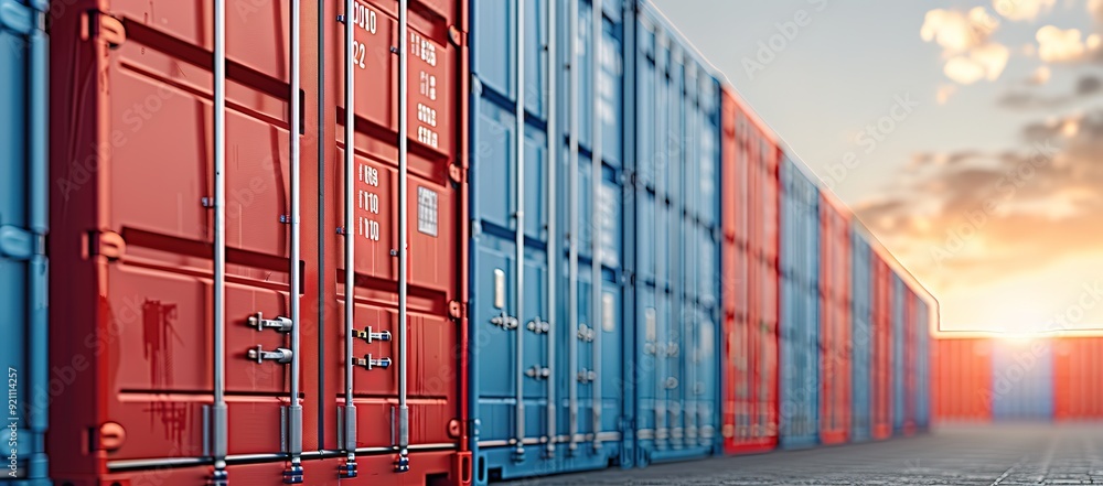 Fototapeta premium A row of shipping containers at a port. The containers are various colors, including red and blue.