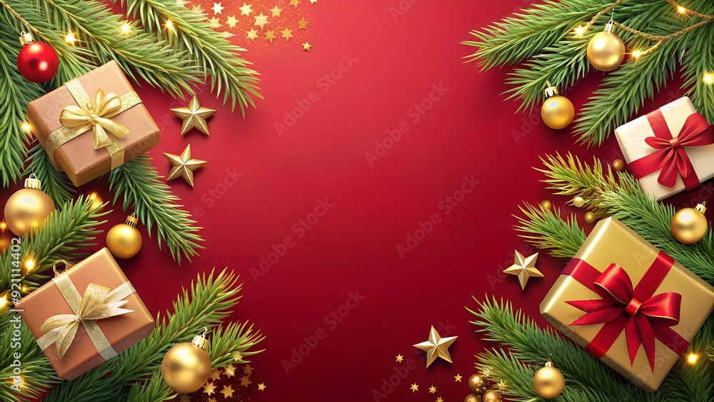 Сhristmas background with christmas tree and decorations on the red backdrop Сhristmas background with christmas tree and decorations on the red backdrop