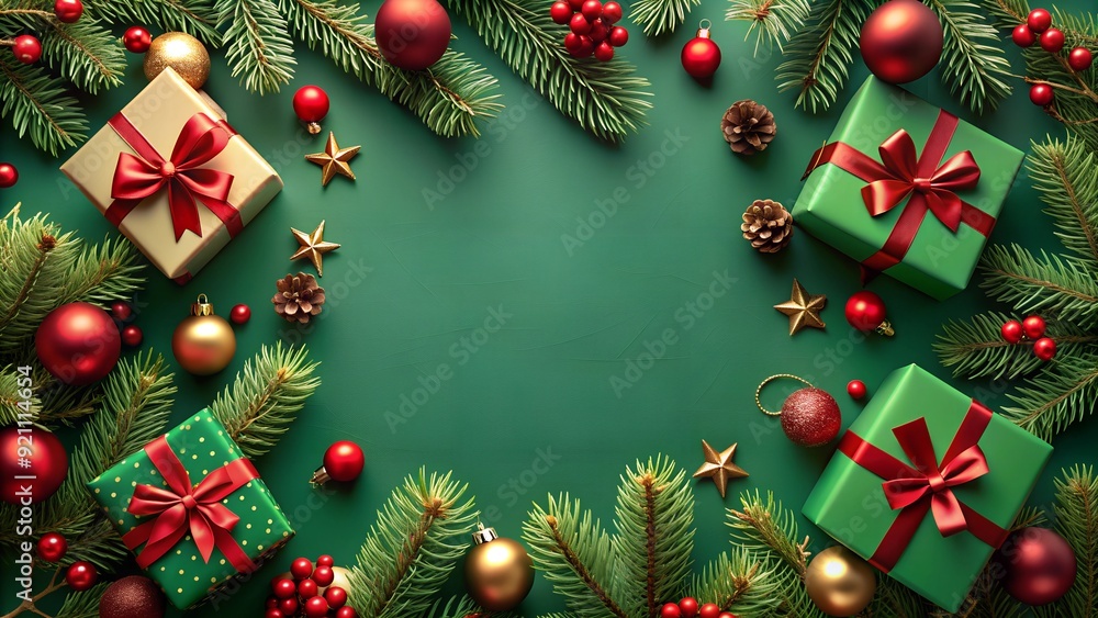 Сhristmas background with christmas tree and decorations on the green backdrop Сhristmas background with christmas tree and decorations on the green backdrop