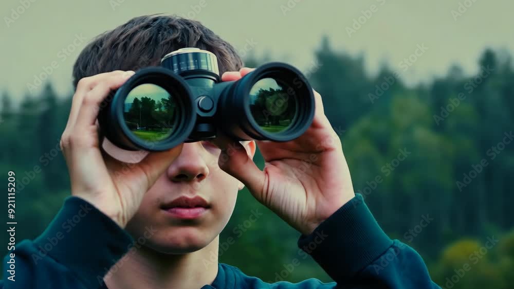 Happy smiling boy looking through binoculars at animals, birds in forest. Young guy studying environment. Optical magnification. Man exploring woodland. Nature observation. New discovery. Tourist kid. Happy smiling boy looking through binoculars at animals, birds in forest. Young guy studying environment. Optical magnification. Man exploring woodland. Nature observation. New discovery. Tourist kid.