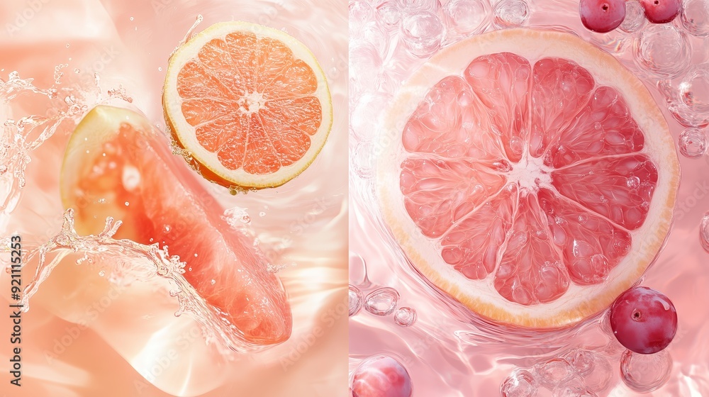 Fresh grapefruit slices and pink citrus in water on a pastel background Fresh grapefruit slices and pink citrus in water on a pastel background
