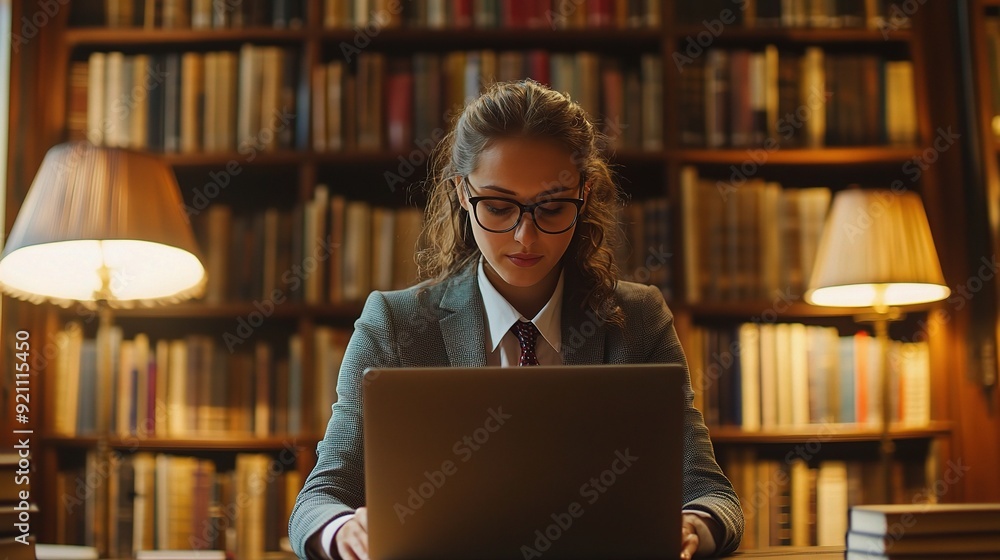 Knowledge Seeker in the Stacks: A young professional woman, adorned in a smart suit and glasses, is deeply engrossed in her laptop amidst the warm glow of a traditional library. Knowledge Seeker in the Stacks: A young professional woman, adorned in a smart suit and glasses, is deeply engrossed in her laptop amidst the warm glow of a traditional library.