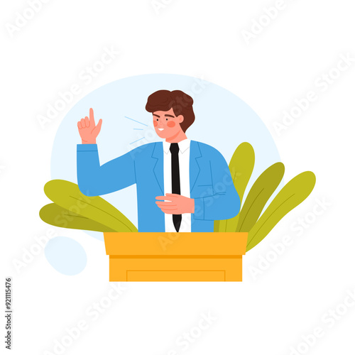 MBTI type of personality, creative extrovert speaker speaking from podium vector illustration