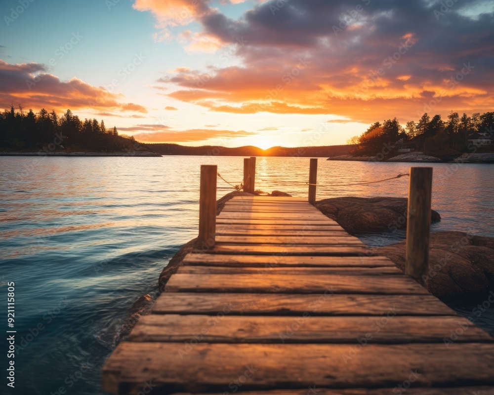 A serene wooden dock extending into a tranquil lake at sunset, surrounded by nature. A serene wooden dock extending into a tranquil lake at sunset, surrounded by nature.